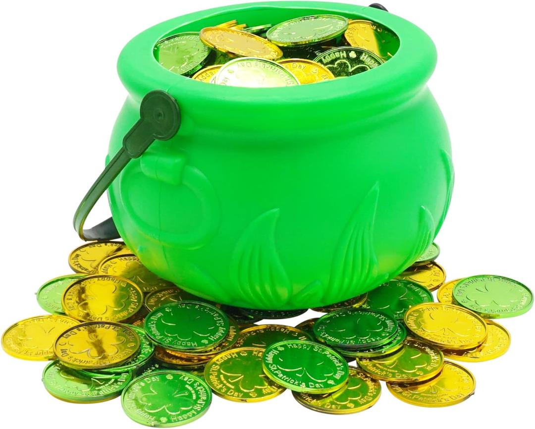4E's Novelty 5 Inch St Patricks Day Pot of Gold Decorations with 100 Lucky Coins - Green Pot of Gold Cauldron Plastic Bucket for Leprechaun Decorations, Green & Gold Coins Plastic