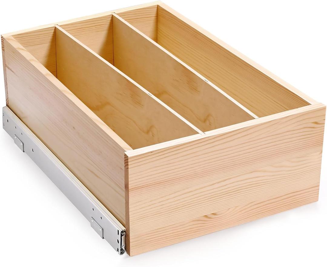 Pull Out Cabinet Organizer with Divider, 14''W21''D7''H Soft Close Wood Drawer for Kitchen Pantry, Finished, Heavy-Duty, Bottom Assembly (Wood Drawer Part Width is 13'')