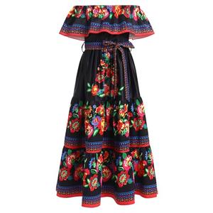 IDOPIP Mexican Dress for Girls Traditional Embroidered Floral Dresses Kids Toddler Summer Ruffle Off Shoulder Maxi Sundress Cinco de Mayo Fiesta Birthday Party Dress with Belt Black 11-12 Years