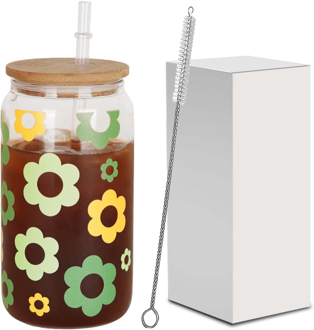 Initial Glass Cup(Flower), Monogrammed Gifts for Women, 16 oz Clear glass cups w/lids and Straws, Iced Coffee Smoothie Beer Tumbler - Personalized Mothers Day,Birthday Gifts for Her Mom Friend (16OZ-MSLH-BLB)
