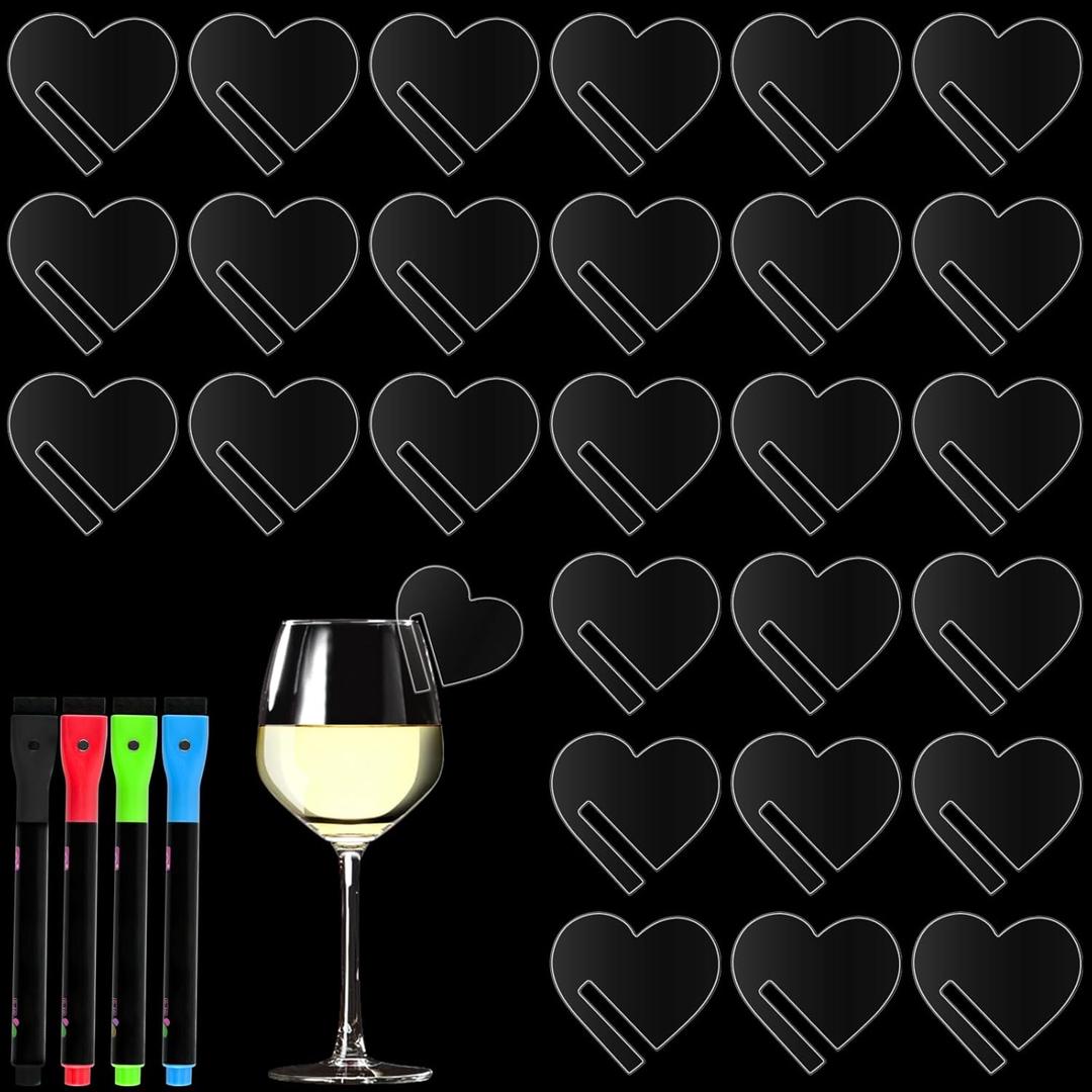 120 Pcs Acrylic Disc Drink Tags, Heart Shaped Cocktail Drinking Tags Blank, DIY Wine Drink Names with 4 Highlighters for Bar, Party, Wedding, Birthday (1.5'', Heart)