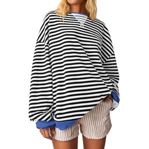 ANRABESS Women Striped Oversized Sweatshirt Crewneck Long Sleeve Shirts Hoodies 2025 Summer Fashion Pullover Top Y2K Outfits Black White Small