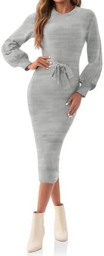 Saodimallsu Womens Long Puff Sleeve Sweater Dress Crew Neck Bodycon Ribbed Knit Fall Midi Dresses with Belt, M