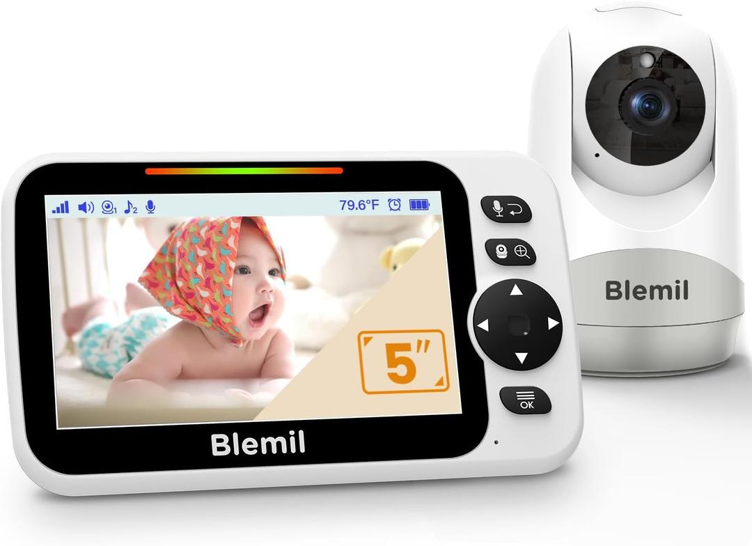 Blemil Baby Monitor with 30-Hour Battery, 5" Large Split-Screen Video Baby Monitor with Camera and Audio, 3500mAh Battery, Remote Pan/Tilt/Zoom Camera, Two-Way Talk, Night Vision, Lullabies, No WiFi