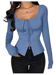 SOLY HUX Women's Long Sleeve Shirts Bow Tie Button Down Scoop Neck T-Shirt Aesthetic Going Out Tops Plain Blue Large