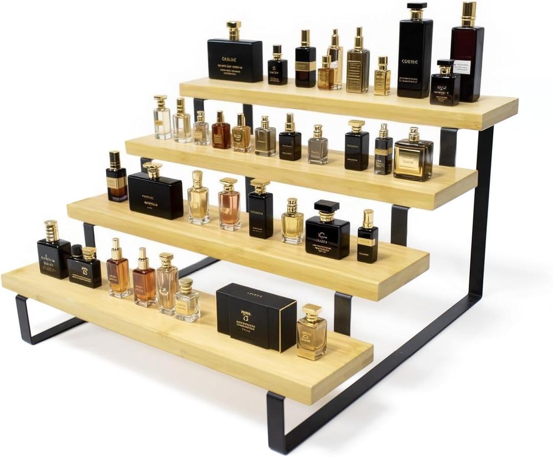 4 x Bamboo Display Risers, 4 Tier Cologne Stand Perfume Organizer for Men, Large Cupcake Dessert Shelf for Party, Riser Stand for Decoration and Organizer, Party, Makeup, Figures, Cupcake