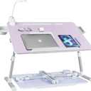 iXTRA Laptop Lap Desk with Cooling Fan - Adjustable Bed Desk with Light, Bed Table with Cup Holder&Phone Holder - Storage Drawer Desk - Folding Bed Desk,Purple,70x45cm