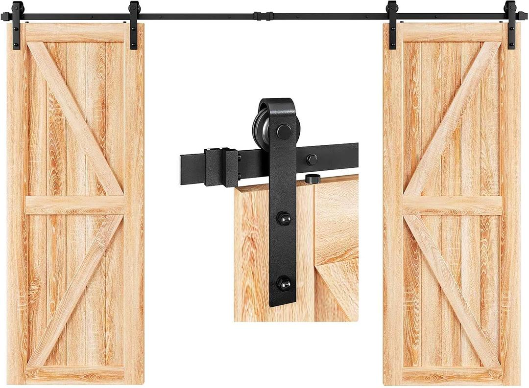 EaseLife 12 FT Double Door Sliding Barn Door Hardware Track Kit,Basic J Pulley,Heavy Duty,Slide Smoothly Quietly,Easy Install (12FT Track Kit for Double 36" Wide Door) (Black)