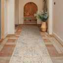 Beige Blue Washable 2x8 Runner Rug for Bathroom, Hallway, Kitchen, Non-Slip & Stain Resistant 8ft Long Entryway Floor Rug, Retro Boho Floral Dcor