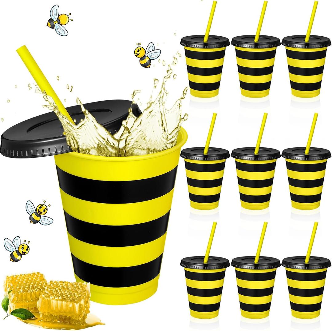 Skylety 10 Pcs Bee Party Decoration Plastic Cups with Lids and Straws Reusable 16 oz Honey Bee Party Cups Drinking Tumbler Black and Yellow Party Favors for Birthday Baby Shower Table Decoration