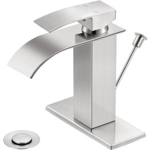 Bathroom Faucets with Lift Rod Drain Brushed Nickel Waterfall Bathroom Sink Faucet Modern Single Handle Bathroom Faucet for 1 or 3 Hole Mxier Tap Washbasin Faucet with Deck