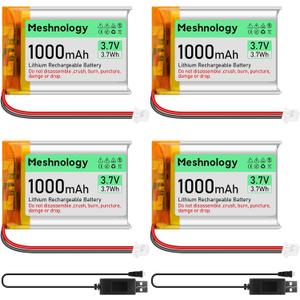 3.7V Lipo Battery 1000mAh 803040 Rechargeable Lithium Polymer Battery with USB Charger Cable Micro Ph1.25 Connector Integrated Protection Circuit for Electronic Device (4 Pack)