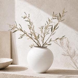 White Ceramic Vase 9" Round Rustic Farmhouse Vase for Home Decor
