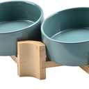 SPUNKYJUNKY 15 Slanted Ceramic Dog and Cat Bowl with Wooden Stand, Tilted Bulldog Food and Water Bowl No Slip Non-Spill for Cats Medium Dogs Big Face Pets 13.5 OZ (1.7 Cups, Light Green  2)