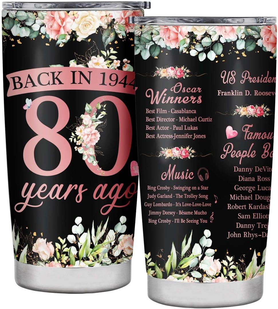 80th Birthday Gifts for Women Tumbler,80th Birthday Gifts Ideas,80th Birthday Decorations,80 Year Old Birthday Gifts for Women,Her,Sister,Friends,1944 Birthday Gifts,Coffee Tumbler 20oz