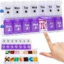 Shintop Am Pm Pill Organizer 7 Day, Push Button Weekly Pill Box 2 Times Removable Lid Medication Case Easy Fill Day Night Vitamin Container for Fish Oil Supplements (Purple & White)