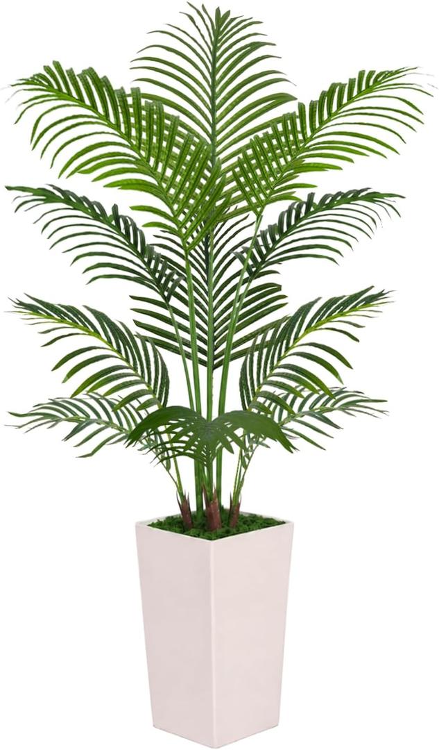 Artificial Palm Tree 5FT with White Tall Planter, Realistic Faux Tropical Plant with Lifelike Green Leaves, Indoor Artificial Plant for Modern Home Decor