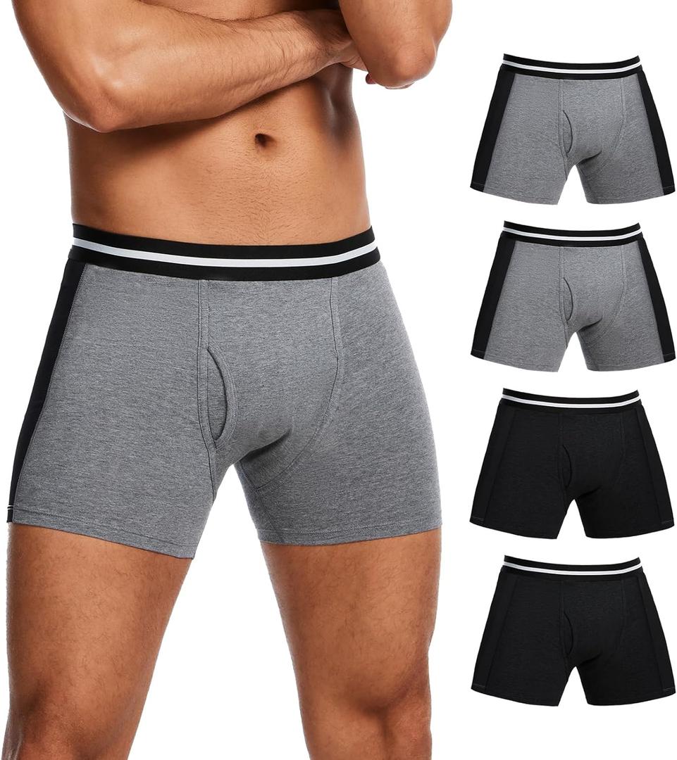 Men's Washable Incontinence Boxer Briefs with Fly, Cotton & Mesh Breathable Reusable Urinary Leakproof Underwear, Front & Rear Protection, 120ml Absorbency (2 Pack Black + 2 Pack Gray, L)