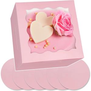 Bakepacker 36pcs 6x6x5 Inches Cake Boxes With Window - 18-Pack Pink Bakery Boxes With 18 Cake Boards Included