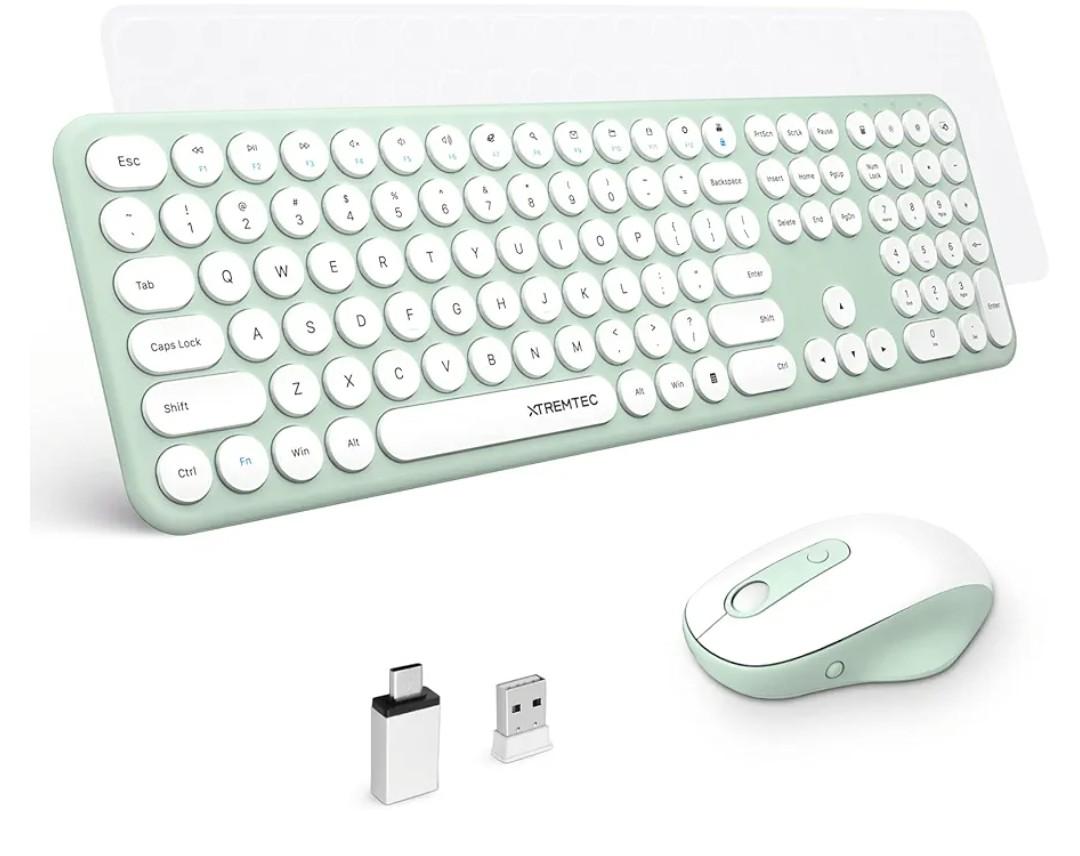 XTREMTEC Wireless Keyboard and Mouse, Cute Retro Round Keycap - 2.4GHz Ultra-Slim Quiet Aesthetic Keyboard for Mac Computer Laptop PC Desktops (Macaron Green)
