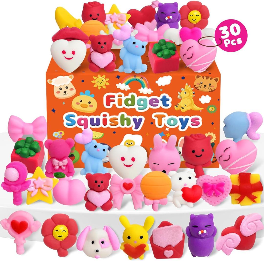 30 Pcs Valentines Squishy Toys, Party Favors for Kids 4-8, Bulk Valentines Day Gifts Non Candy Exchange for Kids Classroom Class School Students, Goodie Bags Stuffers Fidget Toys