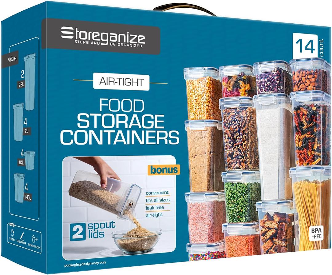 14 PCS Airtight Food Storage Containers with Lids set, BPA Free Leak-proof Kitchen and Pantry Organization Canisters for Cereal, Pasta, Dry Food, Flour Sugar, Stackable, Free Label, Marker, Scoop, 2.8L, 2L, 1.45L, 0.84L