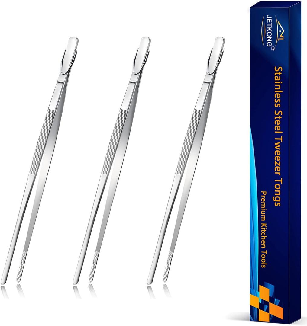 JETKONG Serving Tweezer Tongs 9-Inch Cooking Tweezers Kitchen Tweezers, Set of 3 (9 9 9 Inch, Silver)