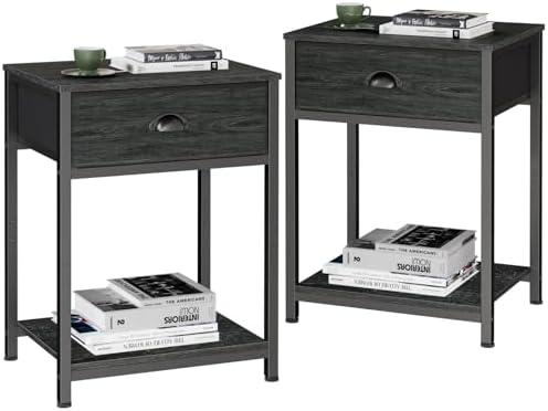 Furologee Nightstands Set of 2, Industrial End Table with Fabric Drawer&Storage Shelf, Small Bedside Table Organizer for Small Space for Living Room, Tall 23.6" Night Stand for Bedroom, Black Oak