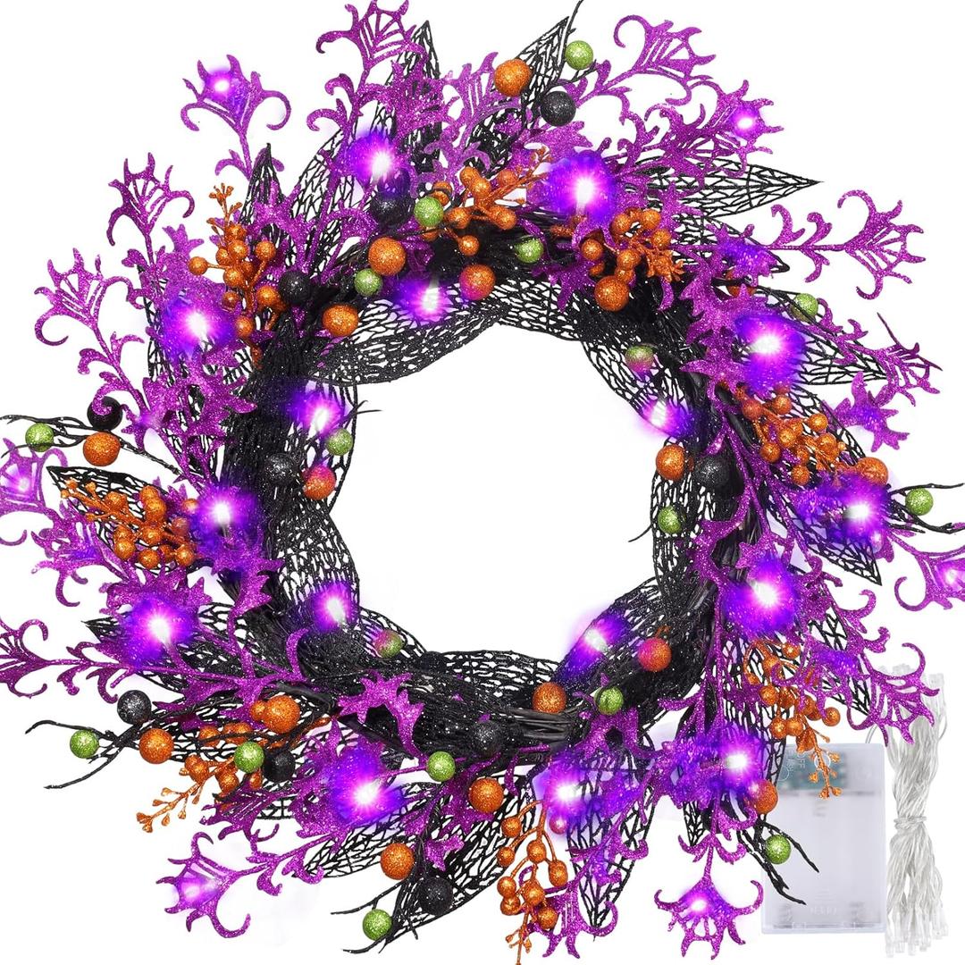 24 Inch Halloween Fall Wreath for Front Door, Artificial Autumn Door Wreath with Black and Orange Berry Leaves, Gothic Flower Wreath for Indoor Outdoor Window, Porch, Wall,