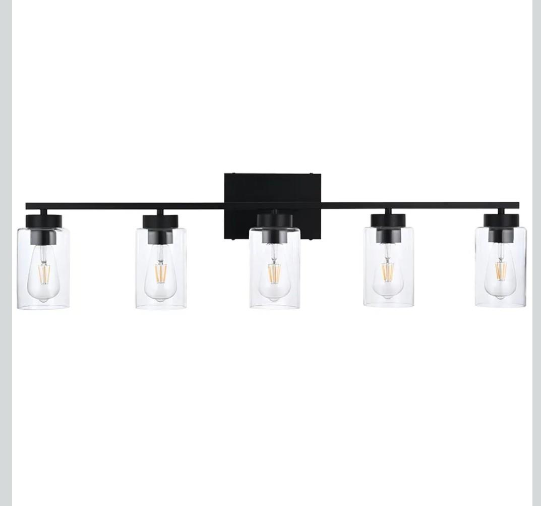 5 Light Bathroom Vanity Light Fixtures, Matte Black Modern Wall Lights with Clear Glass Shade, Vintage Wall Sconce Lighting for Living Room, Mirror, Bedroom, Hallway (Black, 5-Lights)
