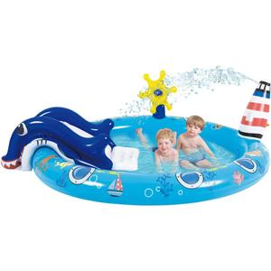 Kiddie Pool with Slide Inflatable Play Center Wading Lounge Kids Pool, Marine Life Sprinkler, Water Game Play Center for Kids 80" x 60" x 25"