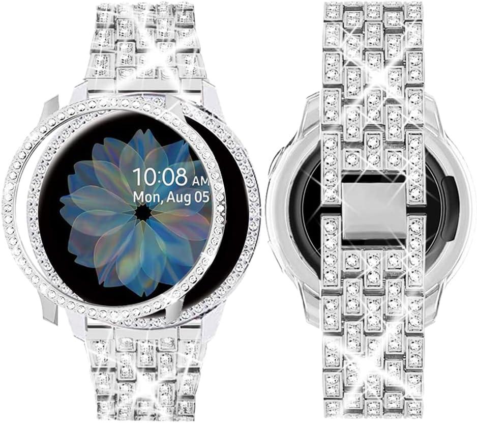 SUPOIX Band Case Compatible for Samsung Galaxy Watch 5 44mm/ Watch 4 44mm, 20mm Women Bling Replacement Strap&PC Protective Bumper Face Cover for Galaxy Watch 5/ 4(Silver/ 44mm)