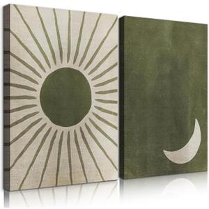2 Pces Boho Moon Canvas Wall Art Green Abstract Mid-Century Sun Wall Decor Simple Picture Poster Prints for Living Room Bedroom Home Decor Ready to Hang (16x24 Inch), 16L" x 24W"