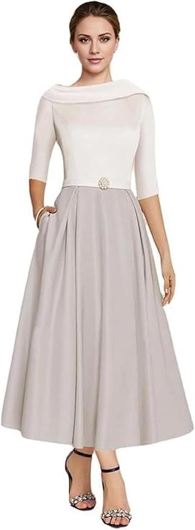A-line Elegant Mother of The Bride Dress Half Sleeve Ankle-Length Satin Wedding Guest Dress Evening Gown Ruched 2025 Light Grey