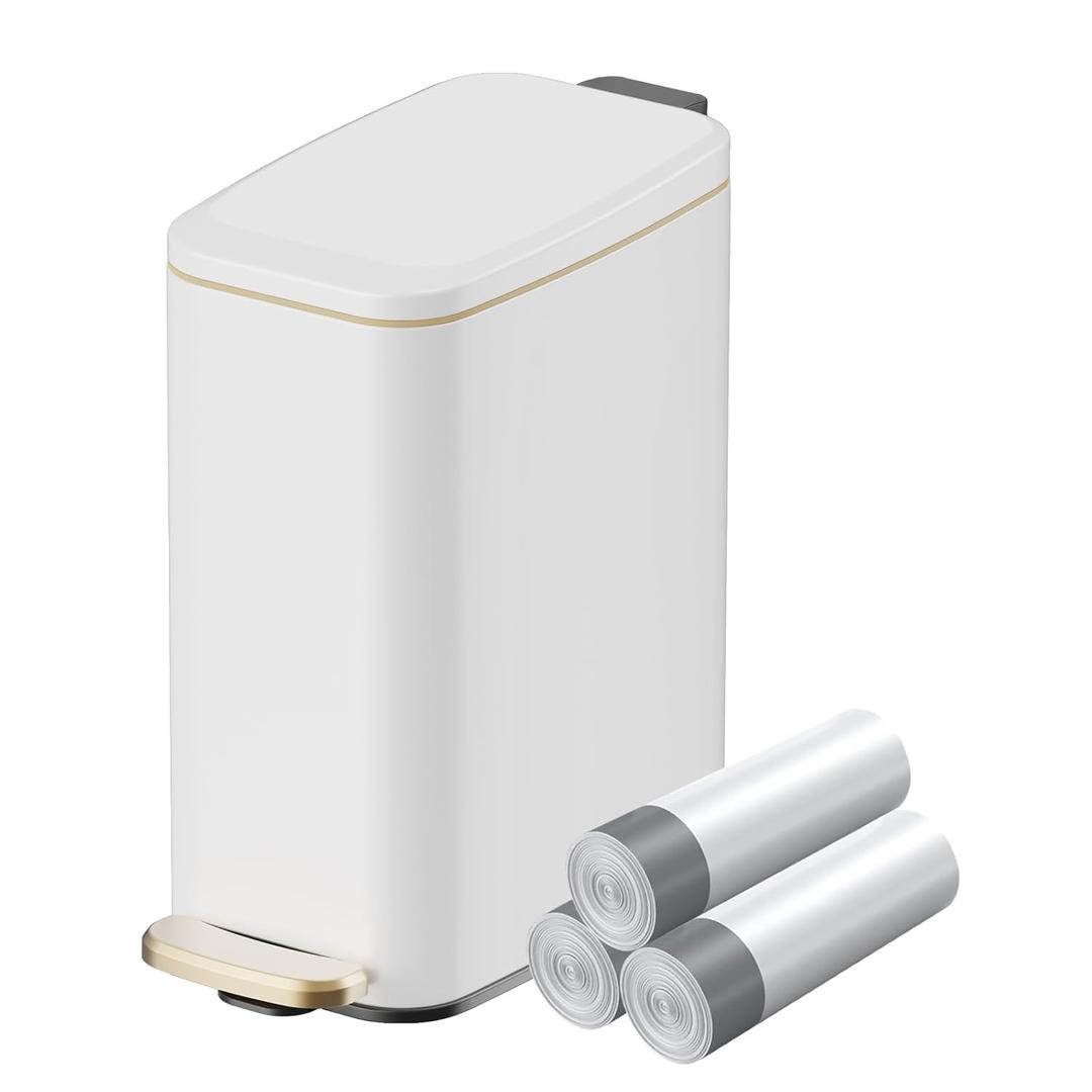 KUK Slim Bathroom Can with Lid, 1.6 Gal / 6L Stainless Steel Small Garbage Bin with Detachable Inner, Step Pedal, Silent Close, Wastebasket for Toilet, Bedroom, Home, Office (White)