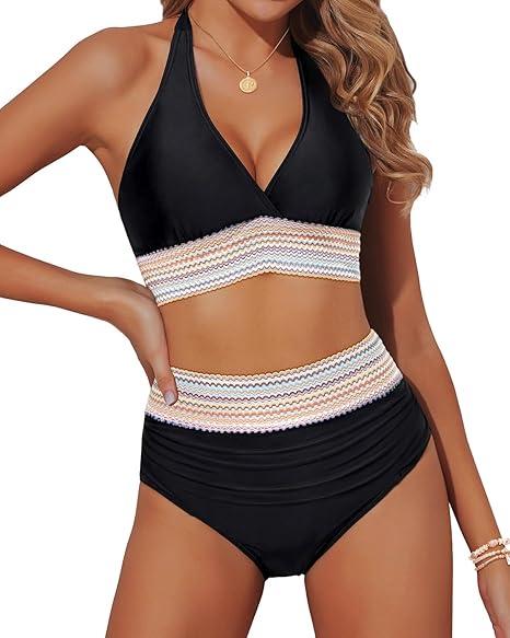 Yonique Women Tummy Control Bikini Two Piece High Waisted Swimsuit Push Up Bathing Suit Halter Bikini Top, Size L