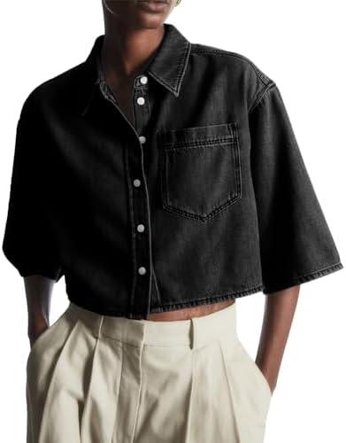 Tankaneo Womens Crop Denim Shirt Half Sleeve Button Down Short Jean Jacket with Pocket XL