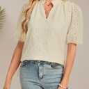 Women's V Neck Blouses Dressy Casual Puff Short Sleeve Shirts Hollow Summer Tops Business Women, L (White)