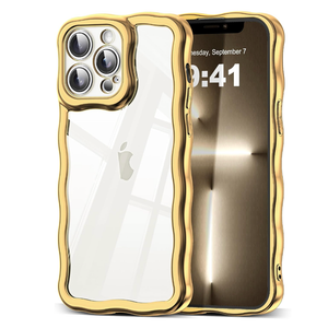 SKYLMW Compatible with iPhone 13 Pro Max Case, Kawaii Cute Curly Wave Frame Luxury Plating Edge, Stylish Glossy Clear Back, Soft TPU Shockproof Protective Cases for iPhone 13 Pro Max, Gold