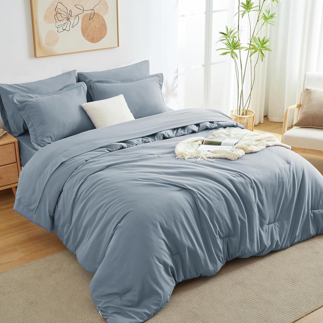 CozyLux Queen Comforter Set - Grayish Blue, 7-Piece Bed in a Bag Bedding Set with Comforter, Fitted Sheets, Pillow Shams and Pillowcases - All Season Boho Style