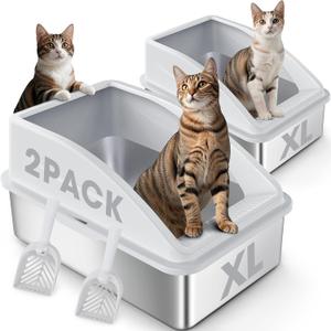 2 Pack Stainless Steel Cat Litter Box | XL Metal Litter Box with High Sides for Big Cats & Multi-Cat Extra Large Litter Boxes | Leak Proof,Odor Control & Non-Sticky Bottom with Scoop