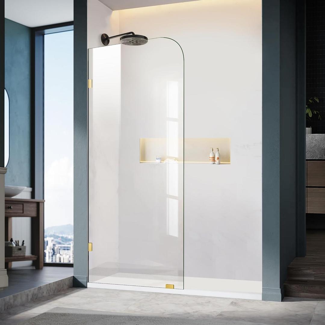 34" W 74" H Shower Glass Panel, Frameless Bathroom Shower Door, Fixed Glass Shower Panel with Clamps, 5/16"(8mm) Thick Clear Tempered Shower Door in Brushed Gold