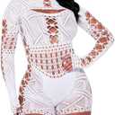 Fishnets Bodysuits for Women Sexy Jumpsuits Mesh Long Sleeve Bodystockings Lace Lingerie for Women Sexy Costumes (One Size, White)