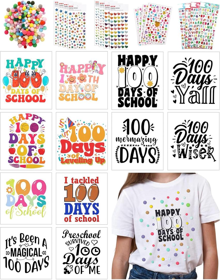 12 Set 100th Day of School Craft DIY Kit 12 Iron on Transfers for Clothing Shirt with Pom Pom Ball Dot Stickers Gems Number Stickers for 100s Day of School Shirt Bag Classroom Craft (Retro)