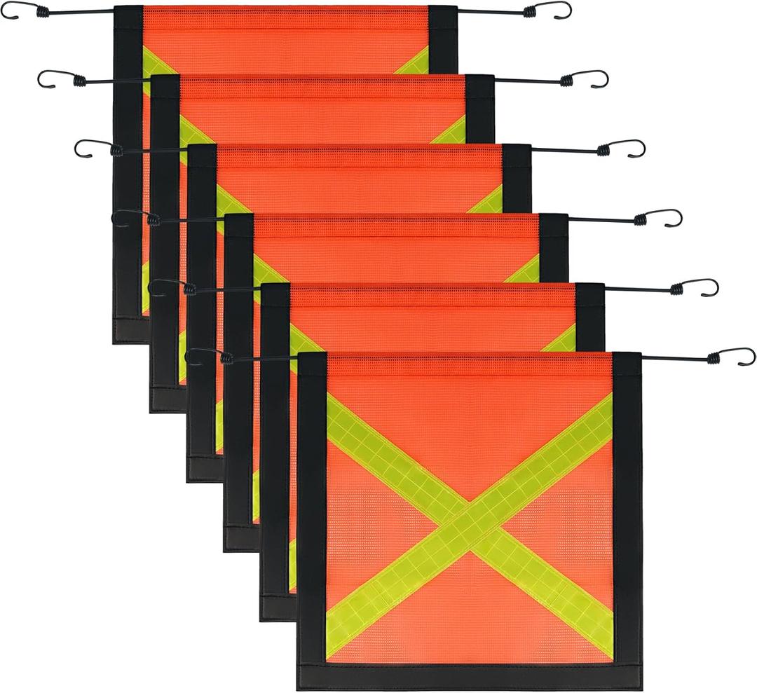6 Pcs 18" x 18" Safety Flags for Truck with Bungee Core and Reflective High Visibility Orange Warning Flag with Webbing Border for Trailer Car