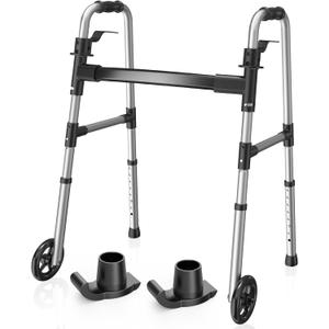 Loyoda Folding Walker with 2 Skis and 5" Wheels, Lightweight Walkers for Seniors and Adults, Supports Up to 350 Pounds, Adjustable Height, Compact Standard Walker, Black