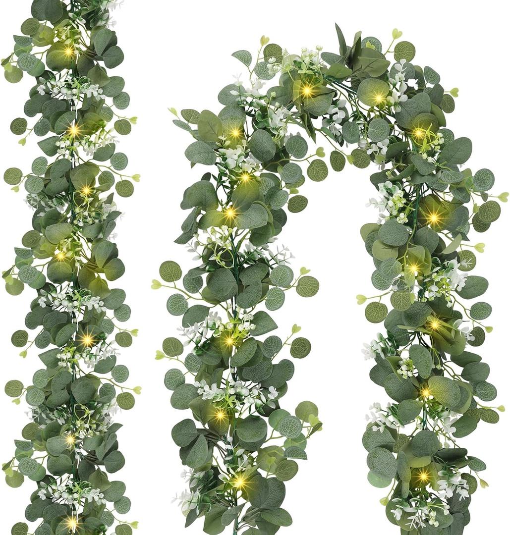 N&T NIETING 2 Pack Artificial Eucalyptus Garland with Lights, 6FT Artificial Greenery Garlands, Battery Operated Twig Vine for Room Stairs Mantle Wedding Holiday Easter Decoration Indoor Outdoor