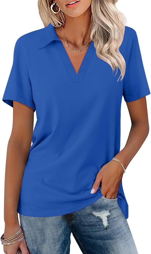 TICTICMISS Women's Polo Shirts Short Sleeve V Neck Summer Tops Business Casual Collared Shirts Loose Tees, X-Large, Royal Blue