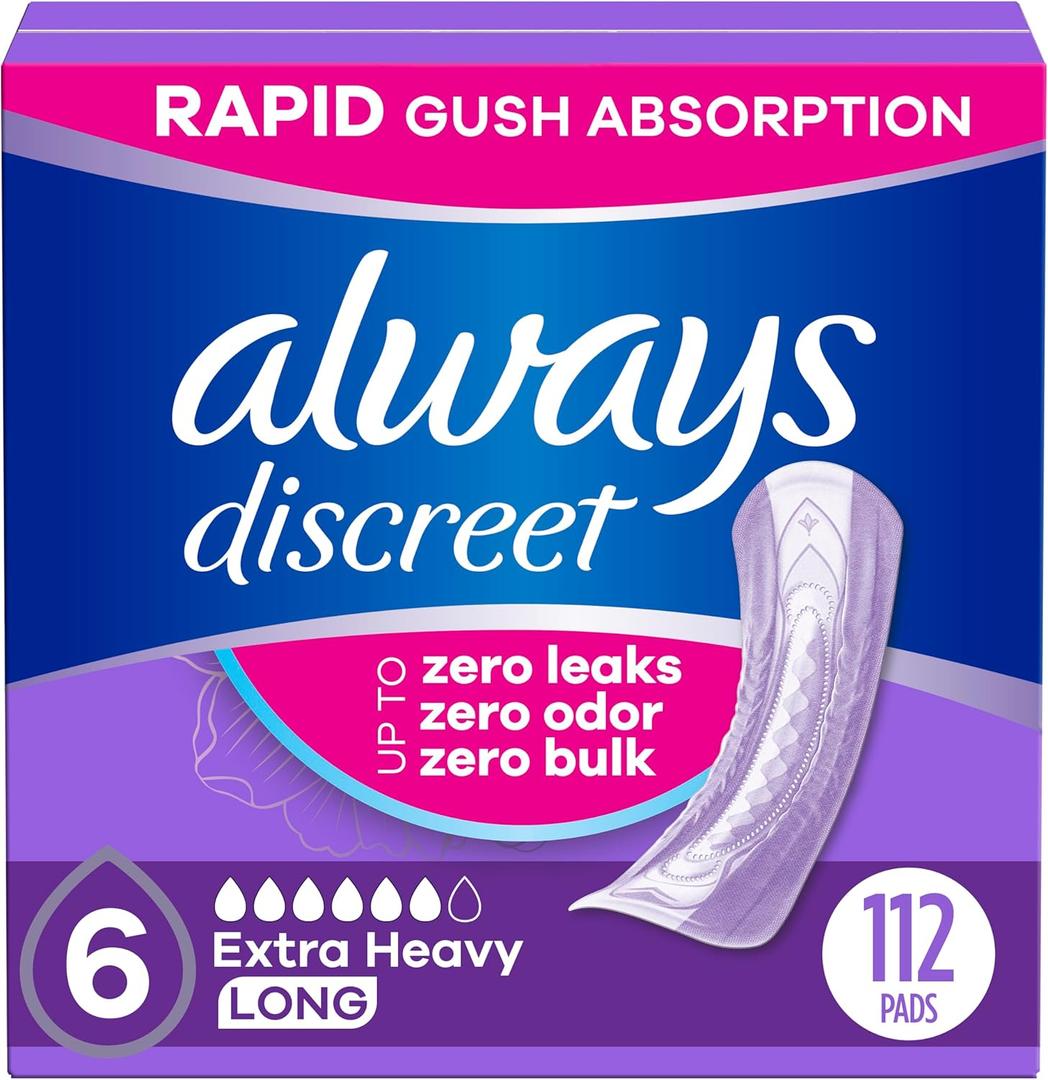 Always Discreet Adult Incontinence Pads for Women, Extra Heavy Absorbency, Long Length, Postpartum Pads, 112 Count (4 Packs of 28) (6-drop)
