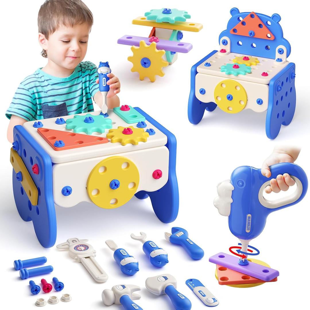 burgkidz Kids Tool Set, 66PCS Toddler Tool Set with Electronic Drill and Screw Toys, Montessori Educational Tools for Kids, Pretend Kids Tool Box Birthday for Boys Girl Age 3 4 5 6 7 8 (Blue)